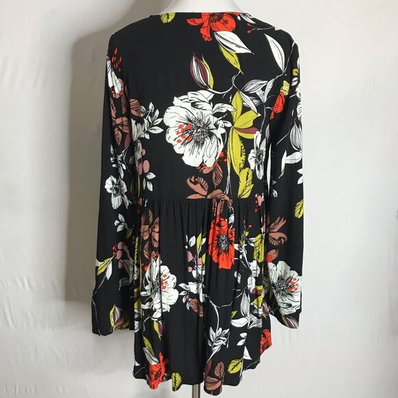 Free People Bella Black Red Green Floral Tunic Long Bell Sleeves Small - Picture 8 of 13
